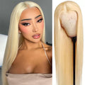 Synthetic Hair Wigs in pale blonde synthetic fiber, worn long and straight with a center part and smooth finish.