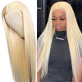 Synthetic Hair Wigs in pale blonde synthetic fiber, worn long and straight with a center part and smooth finish