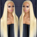 Synthetic Hair Wigs in pale blonde synthetic fiber, worn long and straight with a center part and smooth finish.