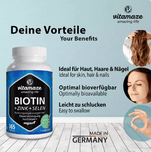 Tablet compounds supplement in a white bottle with blue and black label, featuring biotin, zinc and selenium tablets