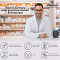 Tablet compounds in a blue supplement bottle, with a pharmacist and German-made, vegan and allergen-free claims visible