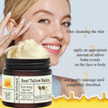 Tallow Honey Cream in a dark jar with pale balm, a cream label, honeycomb graphic, and herb illustrations