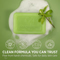 Tea Tree Essential Oil Handmade Cleansing Soap in a bright green rectangular bar with an embossed floral logo and smooth surface