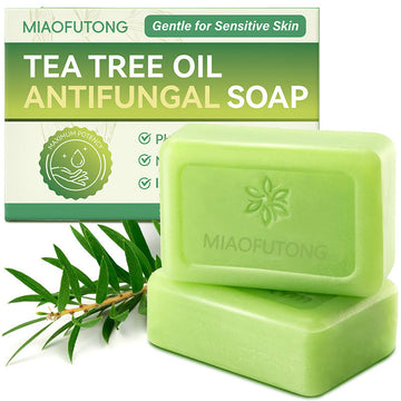 Tea Tree Essential Oil Handmade Cleansing Soap in pale green, smooth rectangular bars with an embossed floral logo and matching box.
