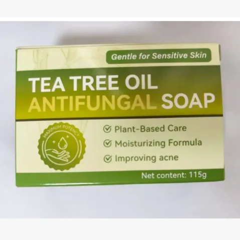 Tea Tree Essential Oil Handmade Cleansing Soap in a green and cream box labeled tea tree oil antifungal soap, 115g