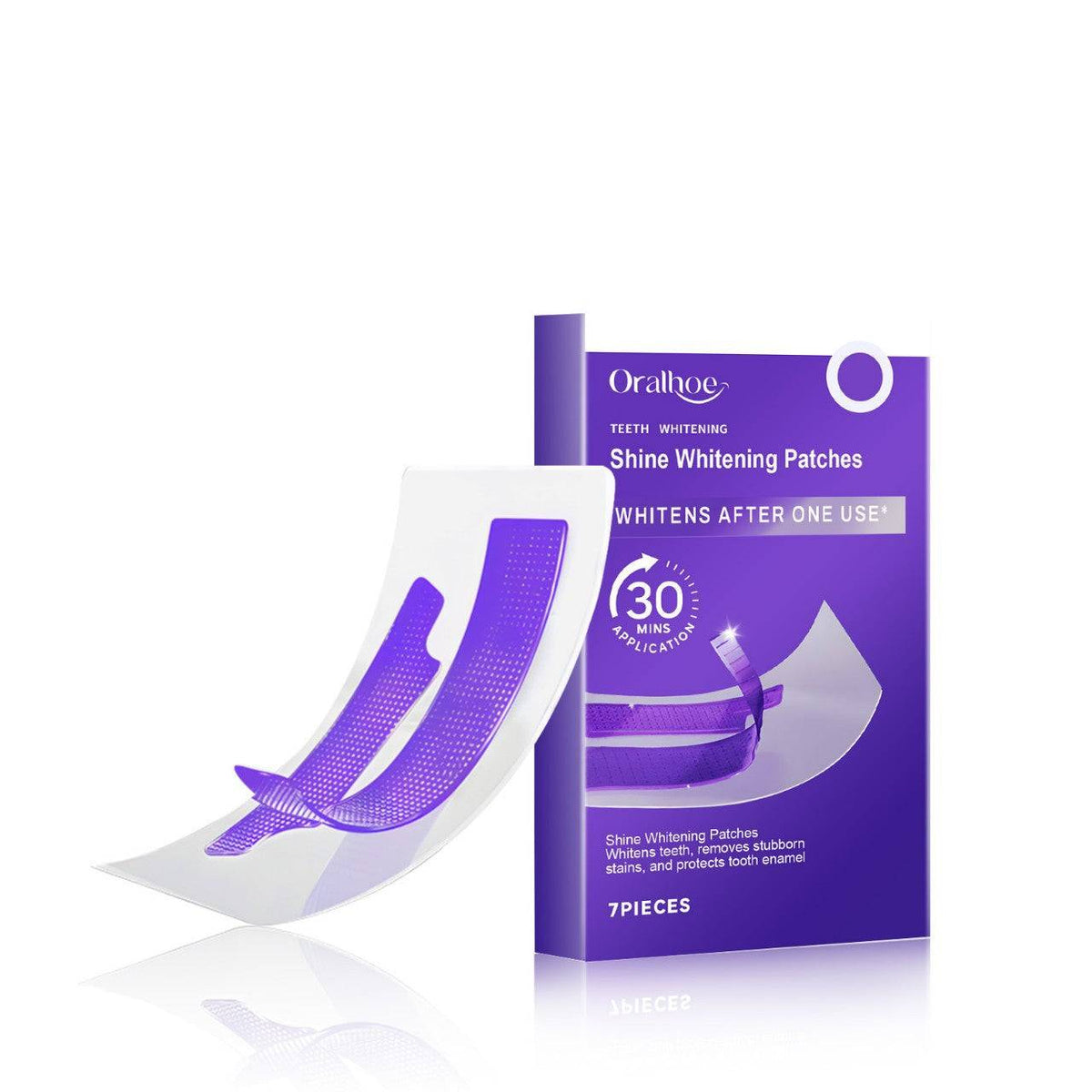 Teeth Cleaning Strips in purple and white, with flexible adhesive whitening patches and a matching Oralhoe box
