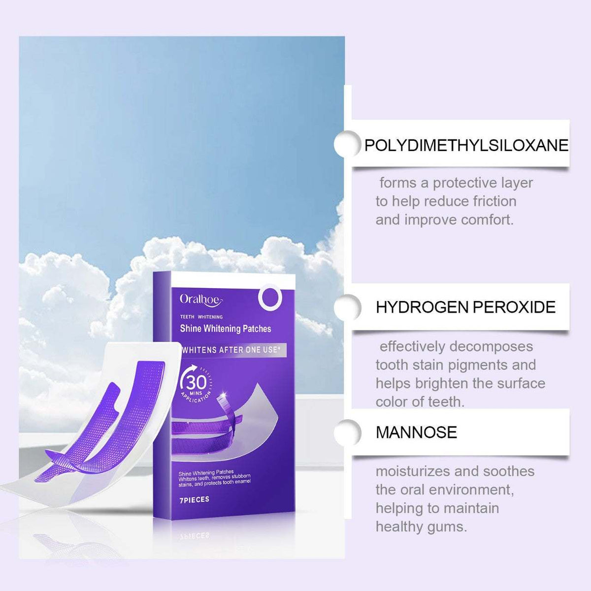 Teeth Cleaning Strips in purple packaging with white adhesive whitening patches and hydrogen peroxide formula details