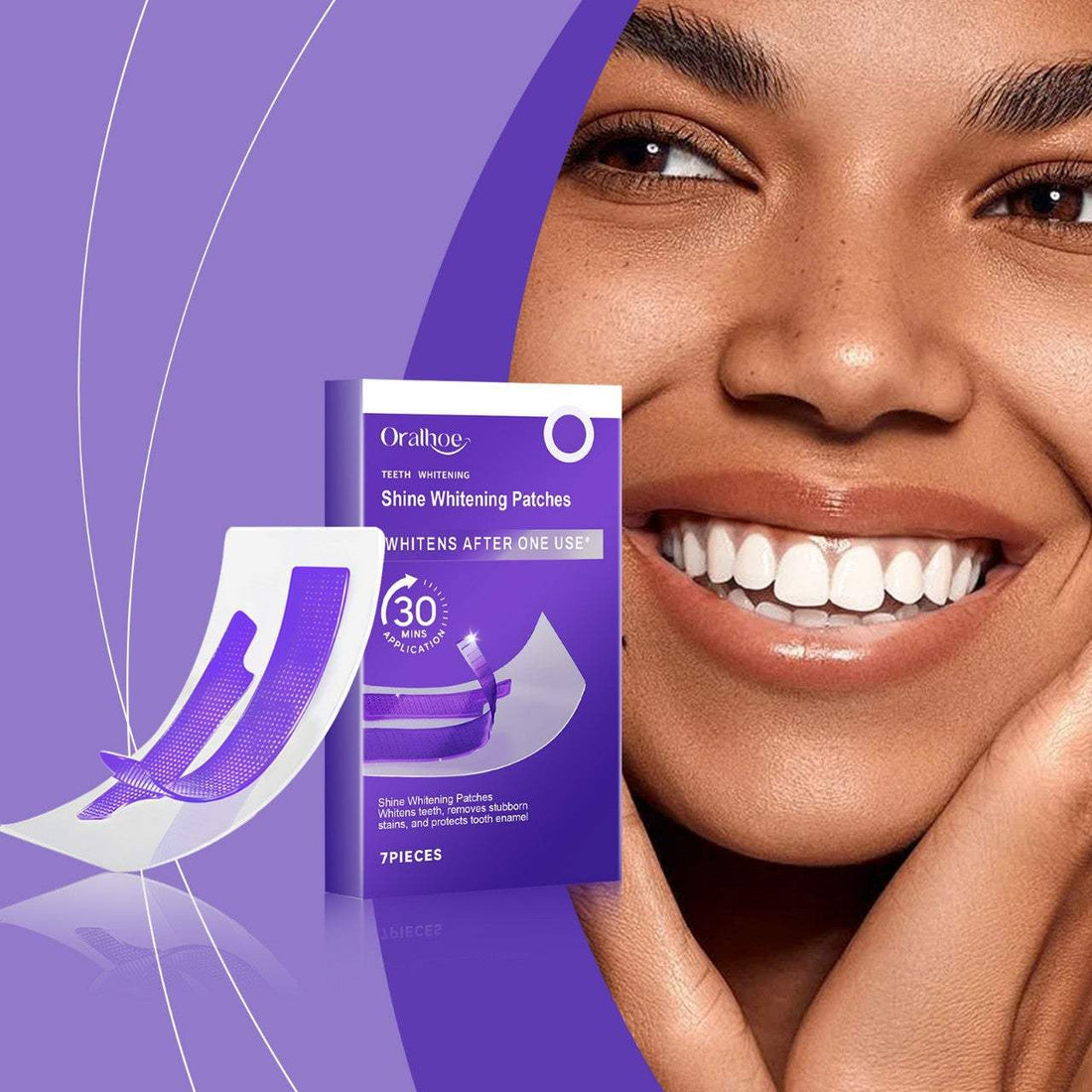 Teeth Cleaning Strips in purple and white, shown as adhesive whitening patches with a compact branded box.