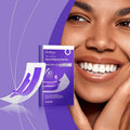 Teeth Cleaning Strips in purple and white, shown as adhesive whitening patches with a compact branded box.