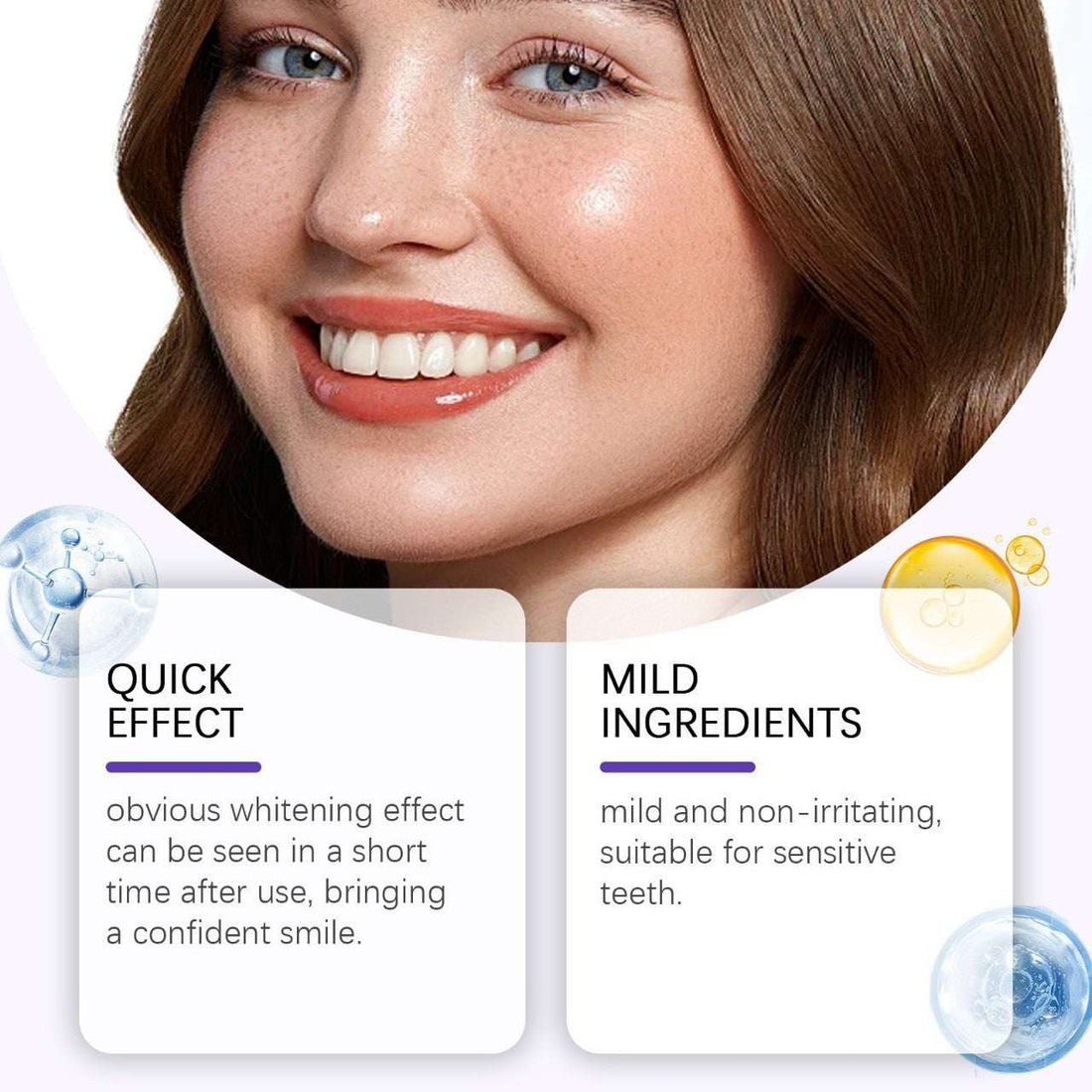 Teeth Cleaning Strips in purple and white, shown as adhesive whitening patches with a compact branded box.