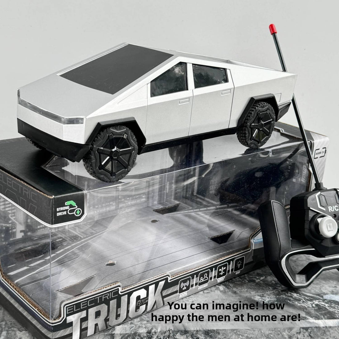 Tesla Style Truck remote control toy in silver plastic, with angular pickup styling, dark windows and chunky black wheels.