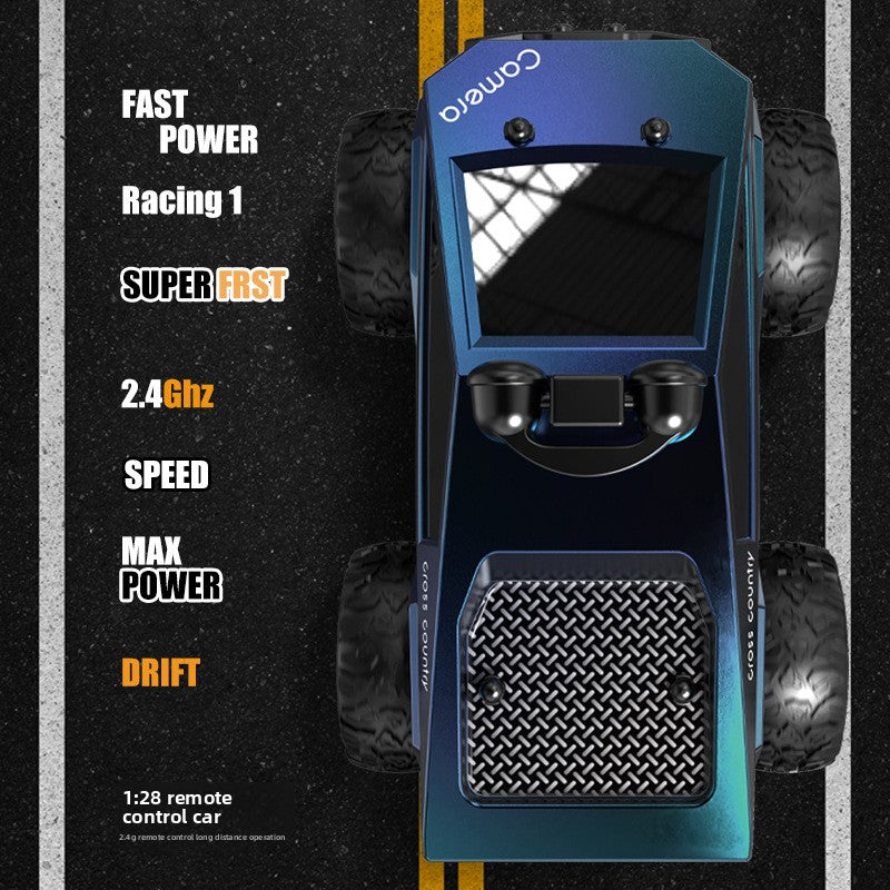 Tesla Toy Truck remote-control car in blue and black, with chunky tires, a camera screen and textured hood panel