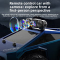 Tesla Toy Truck in dark blue plastic with a built-in camera lens, roof-mounted controls, and rugged styling
