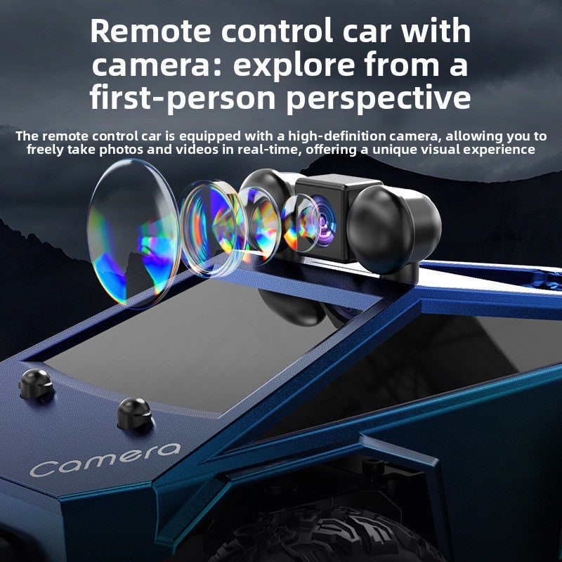 Tesla Toy Truck in dark blue plastic with a built-in camera lens, roof-mounted controls, and rugged styling