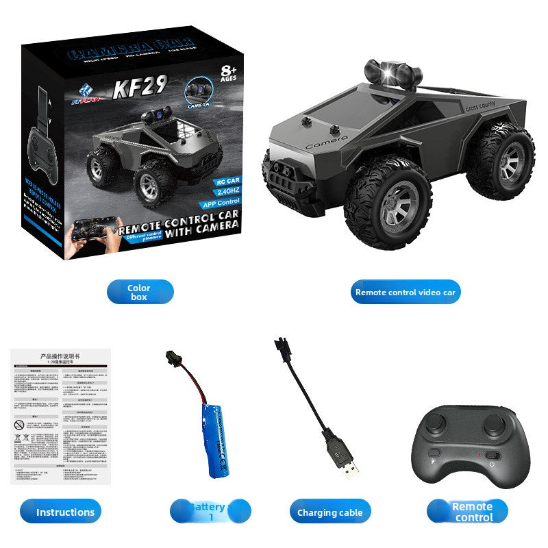 Tesla Toy Truck, dark gray plastic camera-equipped off-road monster vehicle with rugged oversized tires and remote controller