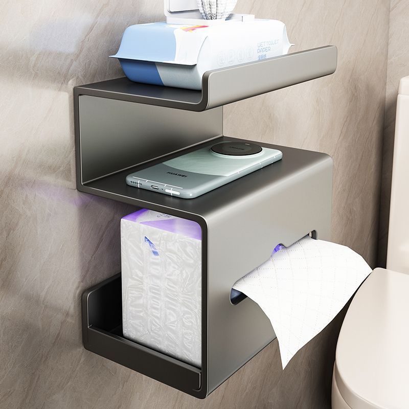 Three-Layer Wall-Mounted Bathroom Tissue Holder in gray metal, with tiered shelves, a tissue box slot, and roll dispenser.