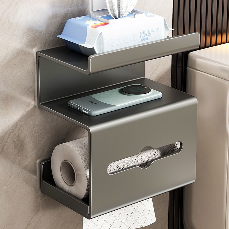 Three-Layer Wall-Mounted Bathroom Tissue Holder in gray metal, with tiered shelves, a tissue box slot, and roll dispenser.