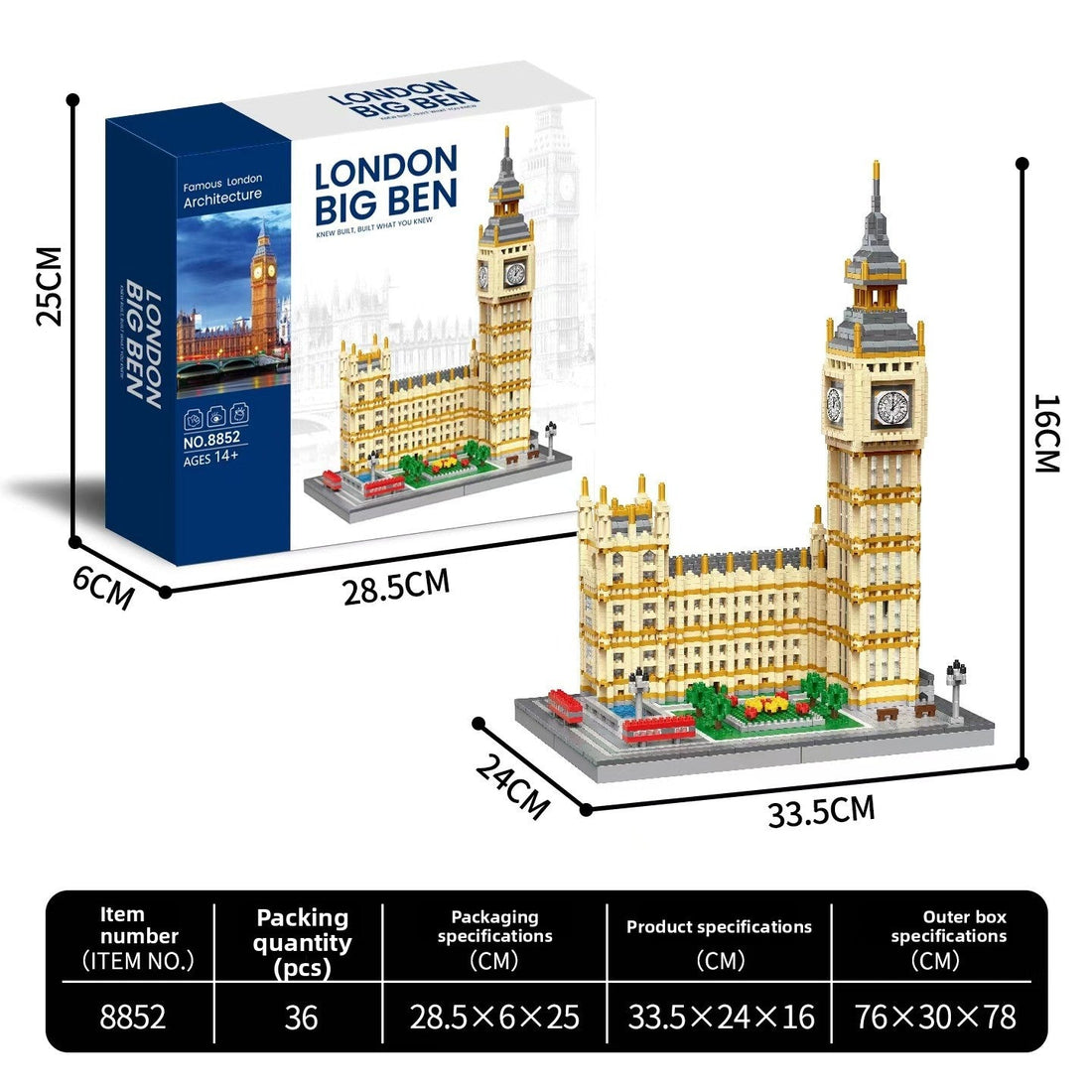 Titanic Micro-particle Building Block Toys recreate a detailed passenger liner in white, black, red and yellow blocks on a blue base, with display box.