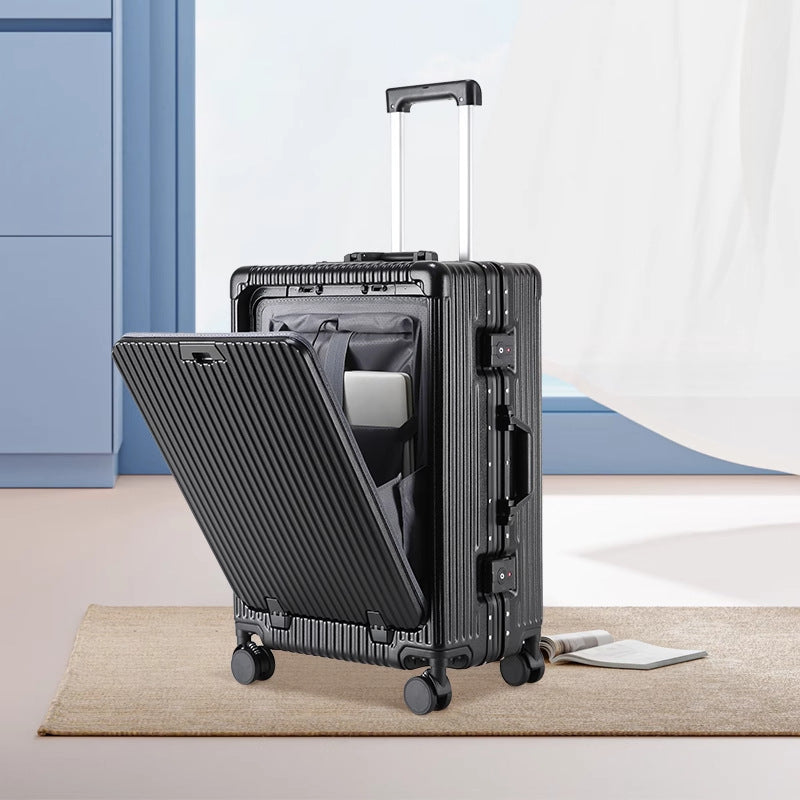 Travel suitcase TSA Combination Lock in black ribbed hard shell, shown with a front-opening compartment, telescopic handle and wheels