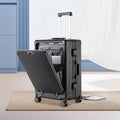 Travel suitcase TSA Combination Lock in black ridged hard shell, with an open front compartment, telescoping handle and spinner wheels