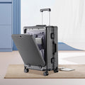 Travel suitcase TSA Combination Lock in dark gray ribbed hard shell, with an open front compartment and telescoping handle