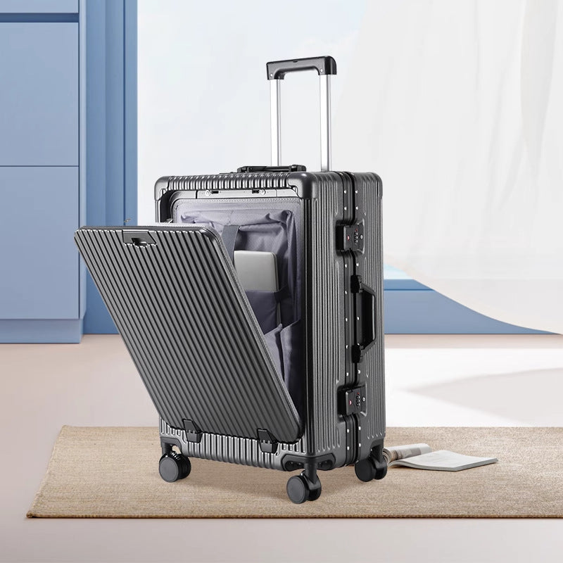 Travel suitcase TSA Combination Lock in dark gray ribbed hard shell, open front compartment with telescopic handle and spinner wheels