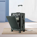 Travel suitcase TSA Combination Lock in dark green ribbed hard shell, with an open front compartment, telescopic handle and wheels