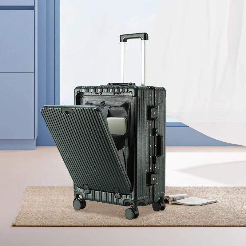 Travel suitcase TSA Combination Lock in dark green ribbed hard shell, with an open front compartment and spinner wheels