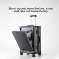 Travel suitcase TSA Combination Lock, black ribbed hard-shell case with front-opening compartment, telescoping handle and spinner wheels.