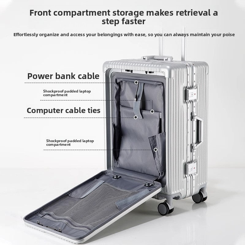 Travel suitcase TSA Combination Lock, black ribbed hard-shell case with front-opening compartment, telescoping handle and spinner wheels.