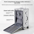 Travel suitcase TSA Combination Lock in silver aluminum with ribbed shell, open front compartment, padded laptop pocket and spinner wheels