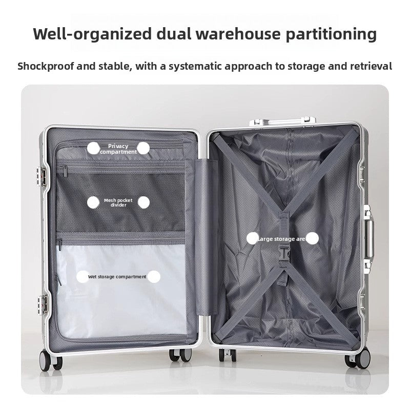 Travel suitcase TSA Combination Lock shown open, with a silver hard shell, gray lining, mesh pockets, and cross straps
