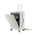 Travel suitcase TSA Combination Lock in white ribbed hard shell with open front compartment, telescoping handle and spinner wheels