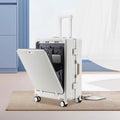 Travel suitcase TSA Combination Lock in white ridged hard shell, shown with front compartment open and telescopic handle
