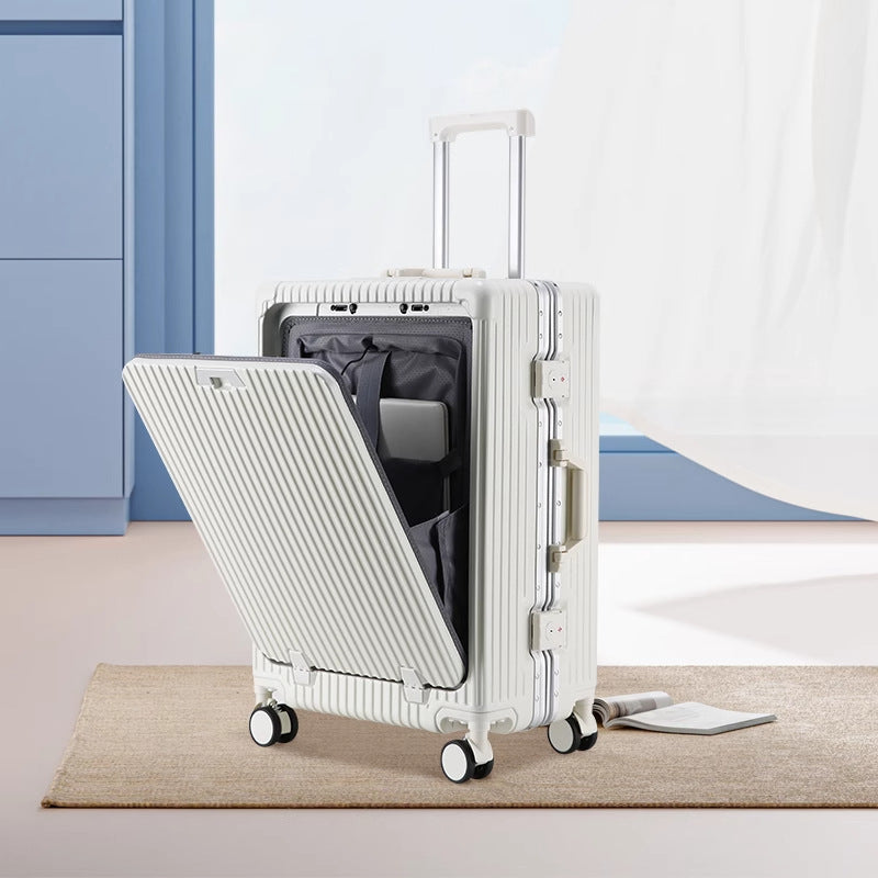 Travel suitcase TSA Combination Lock in white ridged hard shell, shown with front compartment open and telescopic handle