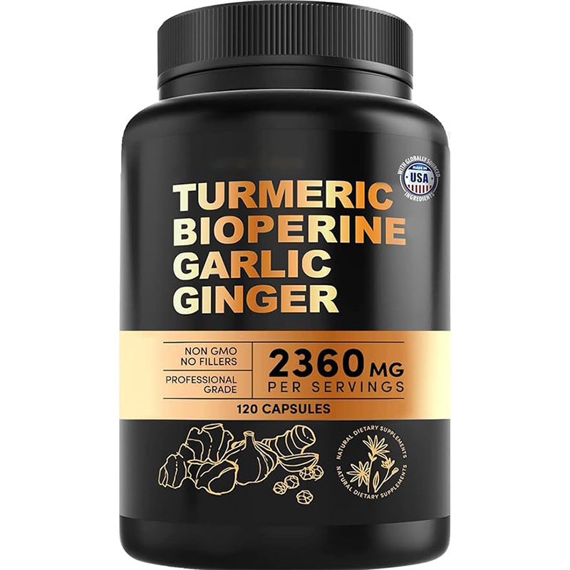 Turmeric Extract Health Capsules in a black plastic bottle with cream and gold label, turmeric, garlic, and ginger text, 120 capsules