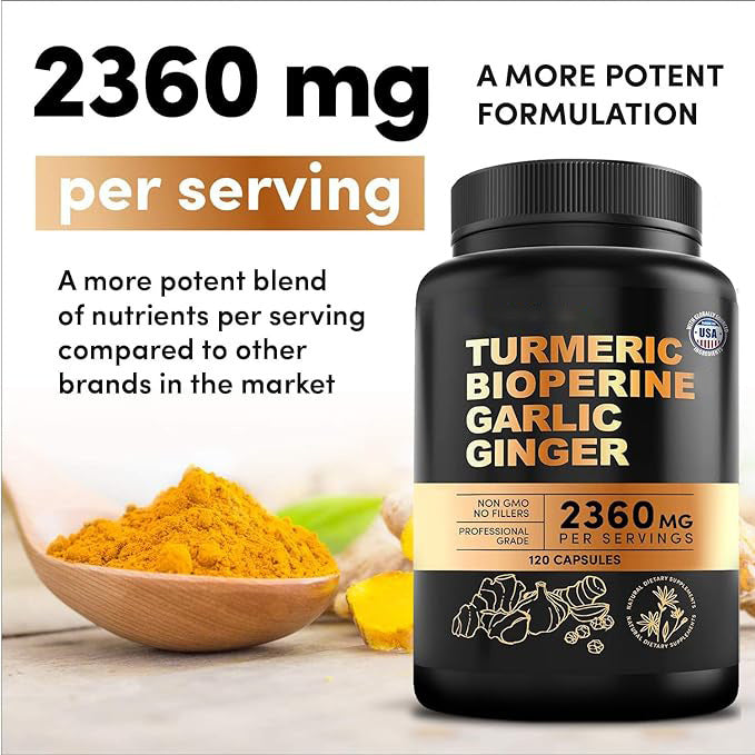 Turmeric Extract Health Capsules in a black plastic bottle with cream and gold label, turmeric, garlic, and ginger text, 120 capsules