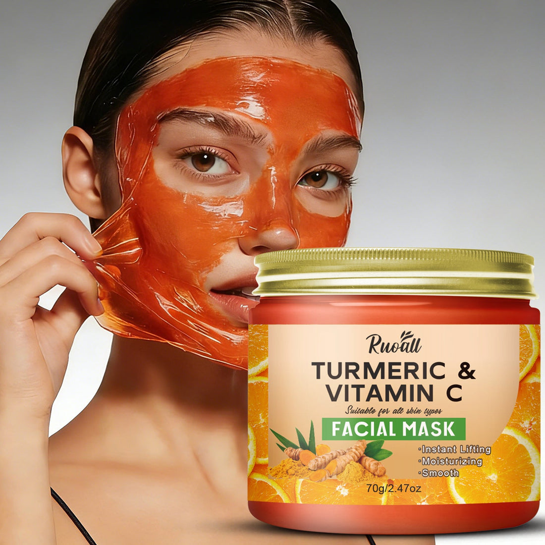 Turmeric Vitamin C Lifting Face Mask in an orange jar with a gold lid and turmeric-themed label, shown with a glossy orange face mask being peeled away.