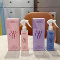 UD CLUB Pearl Protein hair smoothing spray bottles in pink and blue with coordinating patterned boxes and white trigger sprayers