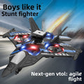 UFO Remote Control Flying Toy styled as a black and gray fighter jet with blue and red propeller lights and swept wings