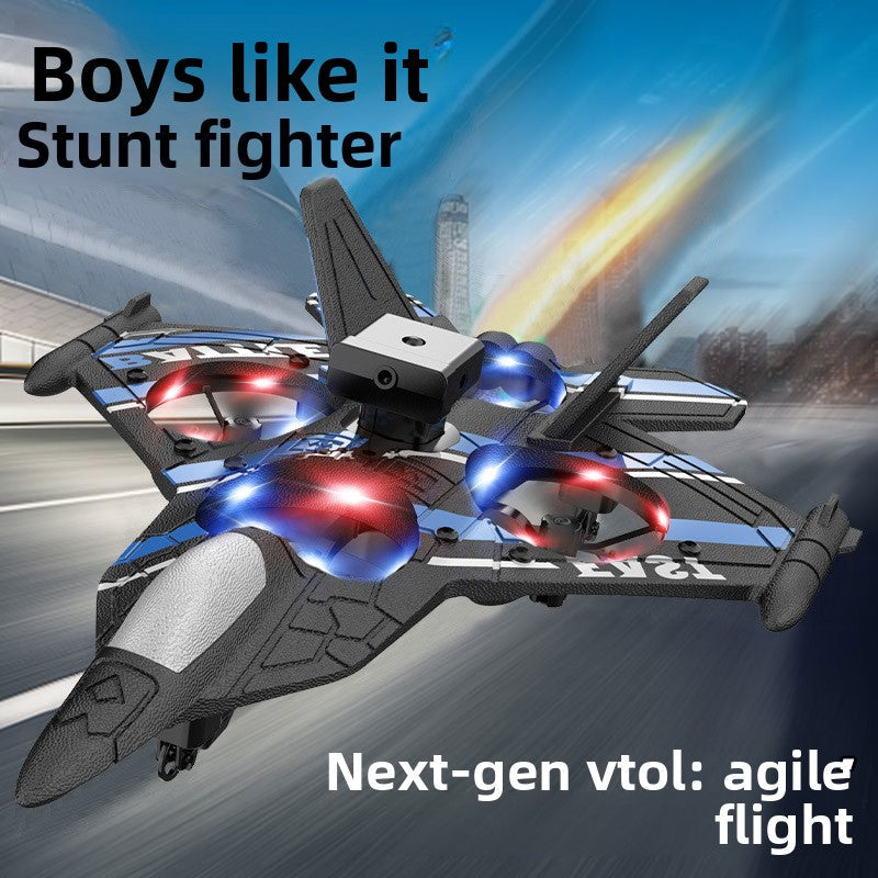 UFO Remote Control Flying Toy styled as a black and gray fighter jet with blue and red propeller lights and swept wings
