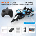 UFO Remote Control Flying Toy with a black and camouflage blue quadcopter, matching controller, battery, cable and spare propellers