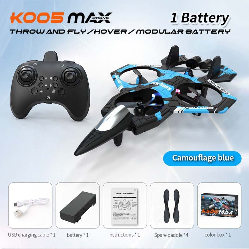 UFO Remote Control Flying Toy with a black and camouflage blue quadcopter, matching controller, battery, cable and spare propellers