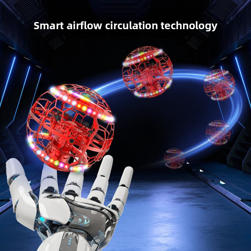 UFO Remote Control Flying Toy in a red protective cage with multicolour LED lights and visible inner propellers