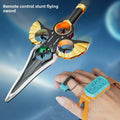 UFO Remote Control Flying Toy with a black and silver stunt-flying sword design, gold fins and three colorful rotor pods