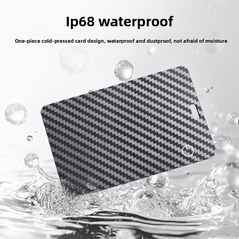 Ultra-Thin Carbon Fiber GPS Tracker, slim black card locator with a woven carbon-fiber pattern and small wireless charging symbol.