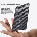 Ultra-Thin Carbon Fiber GPS Tracker card with a black and gray woven carbon fiber pattern and a wireless symbol