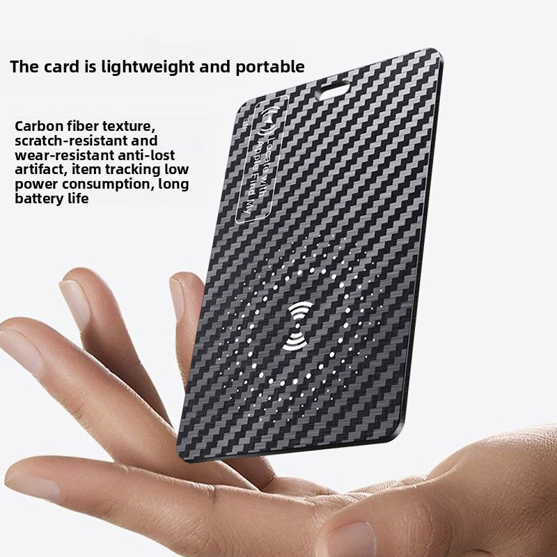 Ultra-Thin Carbon Fiber GPS Tracker card with a black and gray woven carbon fiber pattern and a wireless symbol