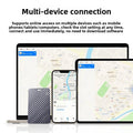 Ultra-Thin Carbon Fiber GPS Tracker shown as a slim black-and-gray carbon-fiber patterned card beside phones and tablets displaying maps