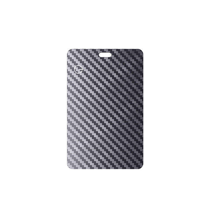 Ultra-Thin Carbon Fiber GPS Tracker, slim black card-shaped device with a diagonal gray carbon-fiber pattern and small top slot